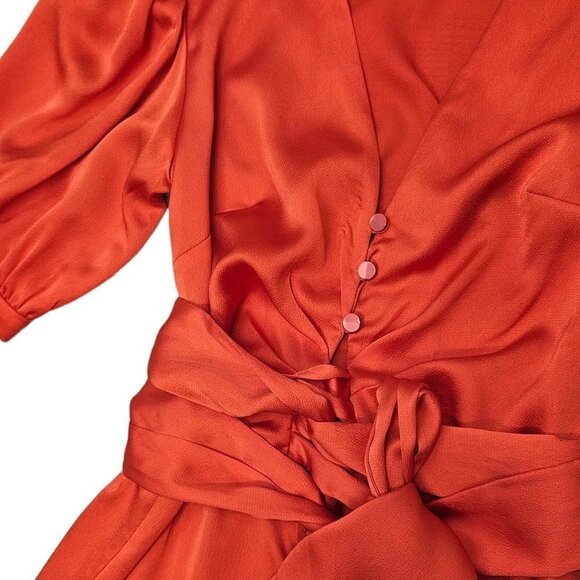 Alexis V-Neck Orange Frill Cuff Romper Wrap Around TIe Waist Puff Sleeve  Size S - Picture 3 of 9